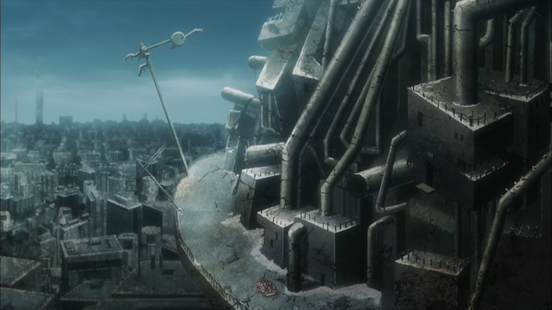 still image from show, depicting the setting. Large metal buildings stand in the foreground, wrapped by a sprialing roadway, with main characters traversing up. A large expanse of ruined high-rise buildings stand in the background.