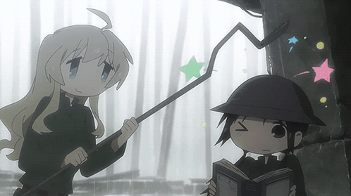 Yuuri tapping Chito's helmet with an iron rod while Chito tries to read.