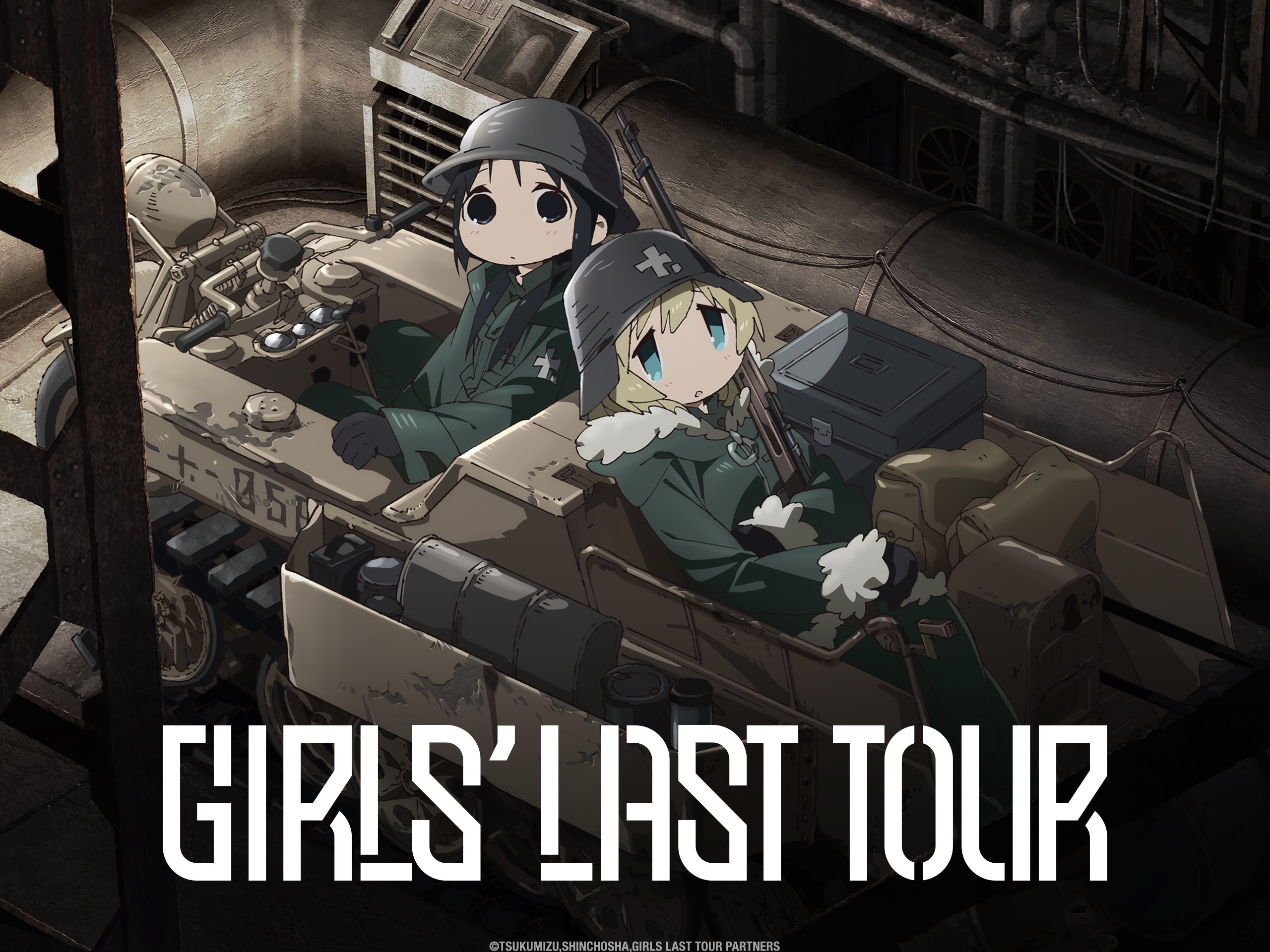 cover art for the Girls' Last Tour anime. Main Characters Chiito and Yuri look up to the camera's point of view while on their half-track motorbike. Show title in block text at bottom