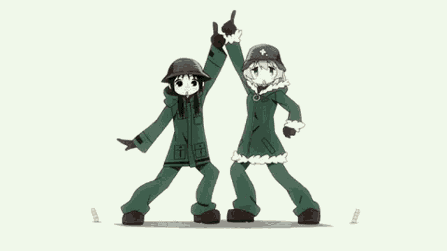 Gif of clip from anime opening. Yuuri and Chito damce, moving between three poses in quick succession, with Japanese credit text on the left side of the screen. Animation ends with both of them dabbing.