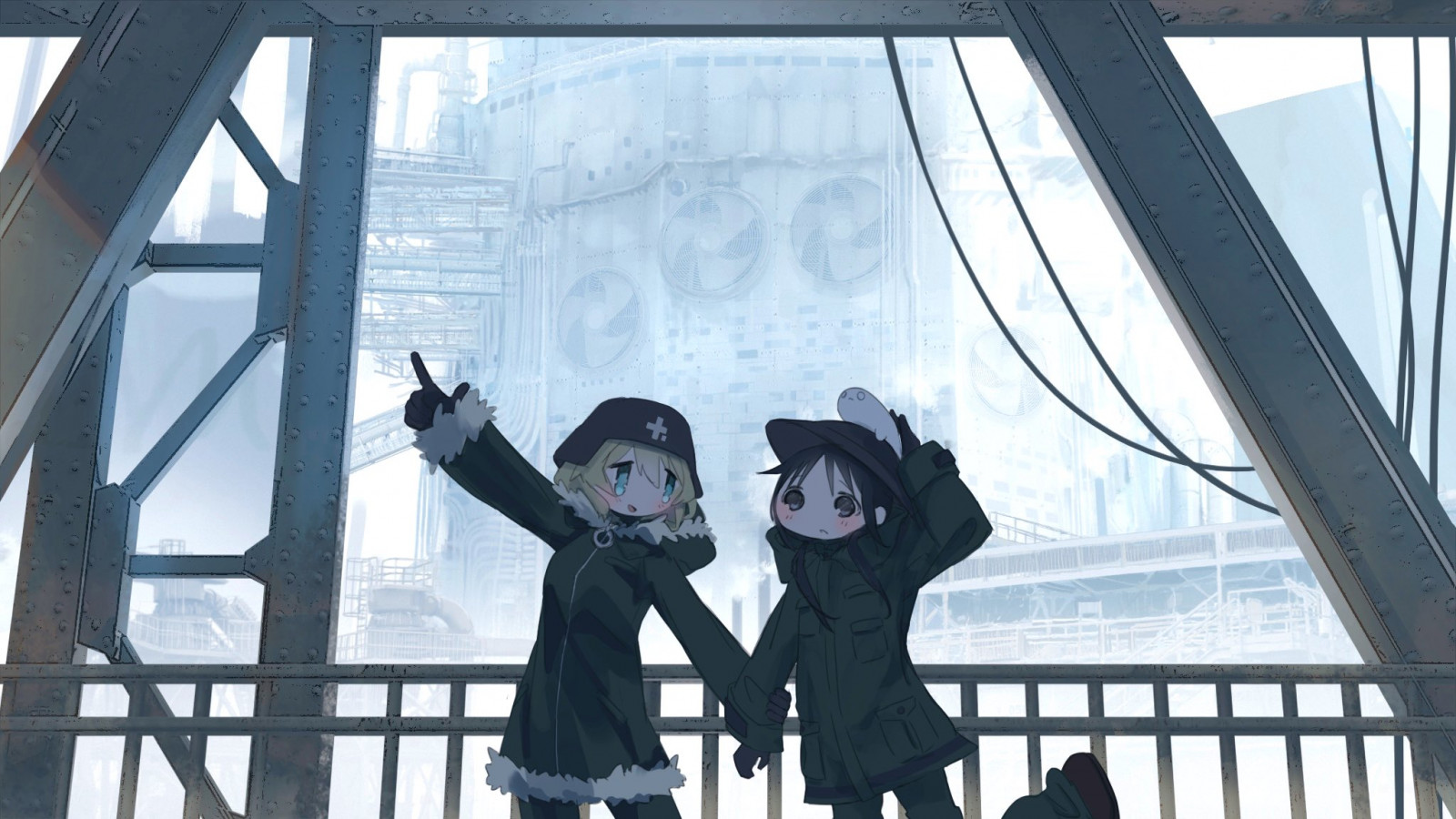 Fanart depicting Chito and Yuuri near a railing. Yuuri is leading Chito, holding her hand, and pointing up and left. Industrial buildings in the background.