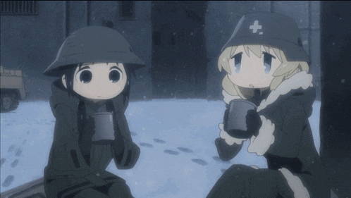 Yuuri and Chito sharing a hot drink in a snowy locale, visibly melting in comfort from it.