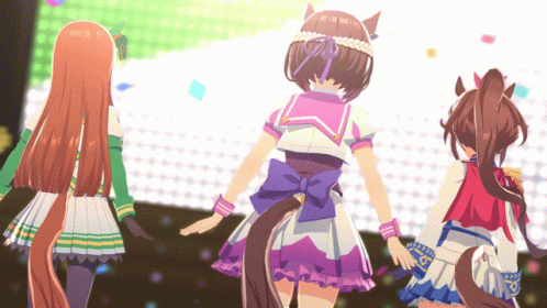 Gif of concert in show. Features characters Special Week, Silence Suzuka, and Tokai Teio turning toward camera.