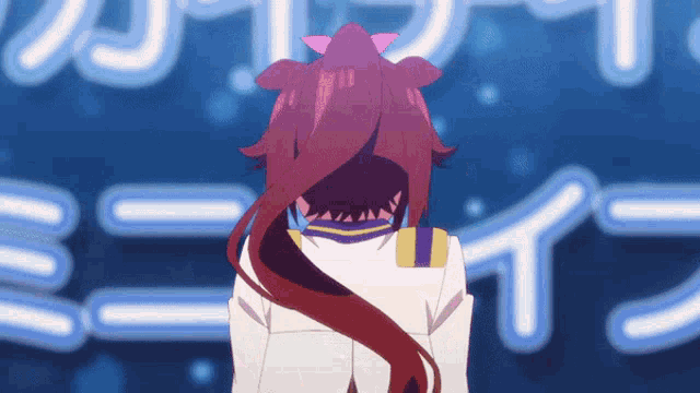 Gif of Tonkai Teio turning toward the camera standing on stage, she is crying as she speaks.