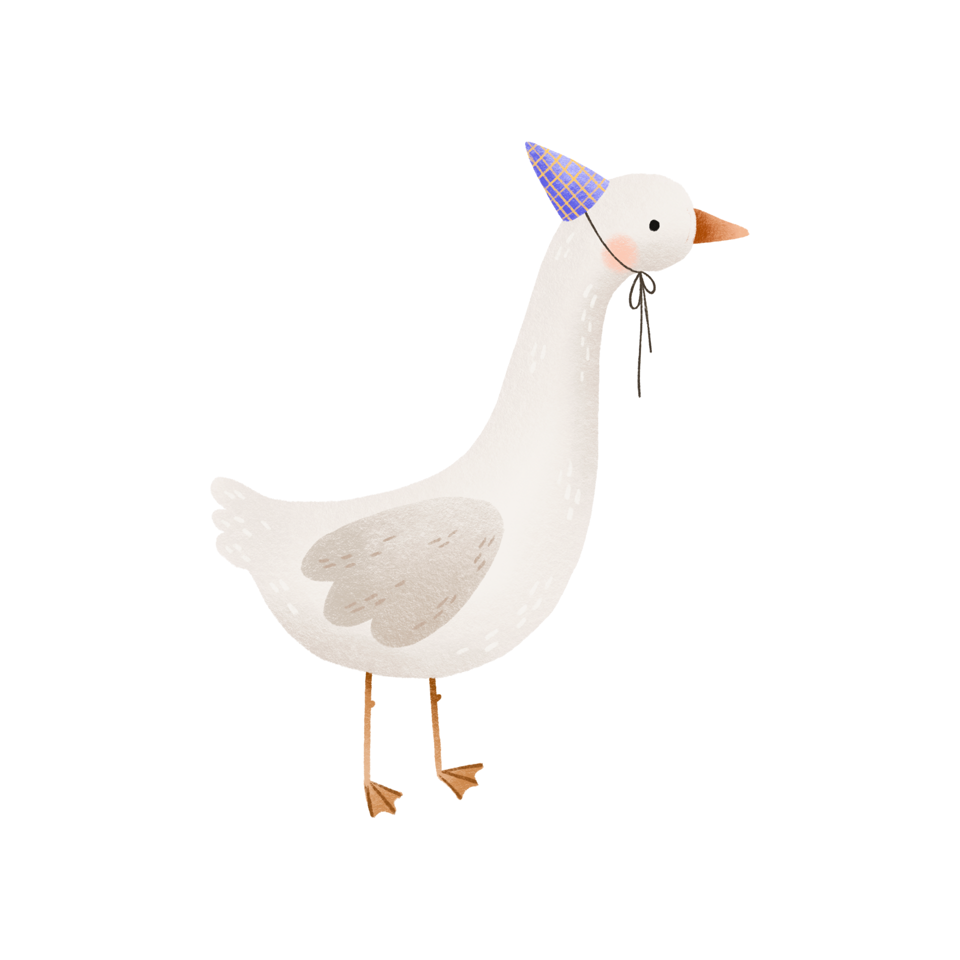 illustration of a goose wearing a pink bow and matching birthday hat