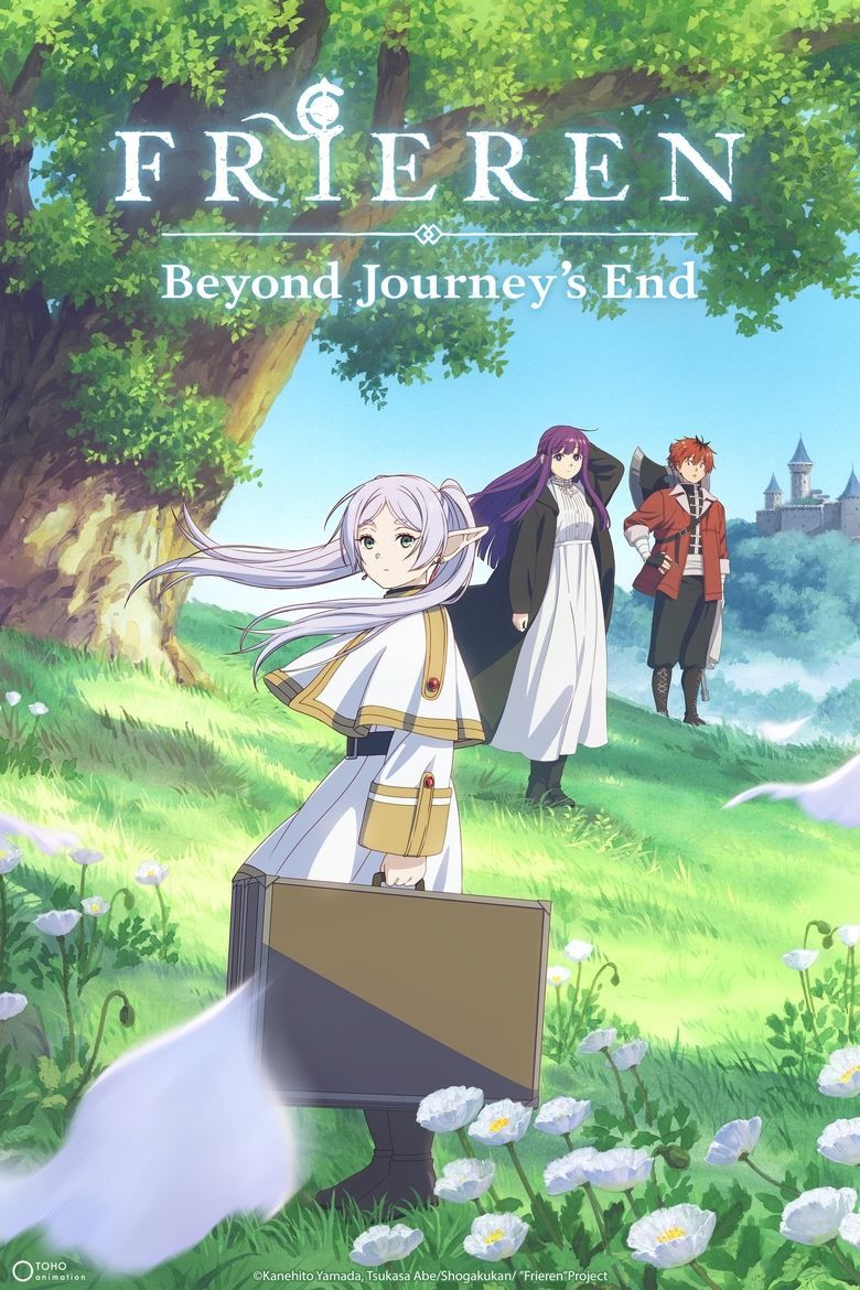 cover for Frieren Beyond Journeys End Anime, featuring characters Frieren, Fern and Stark standing under a tree with a castle in the distance