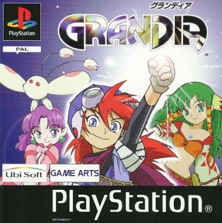 cover art for Grandia featuring characters Justin, Feena and Sue on a pastel background.