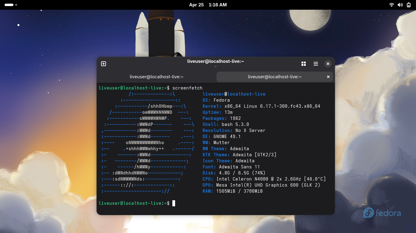 screenshot of Fedora Linux GNOME desktop with terminal open, displaying hardware information