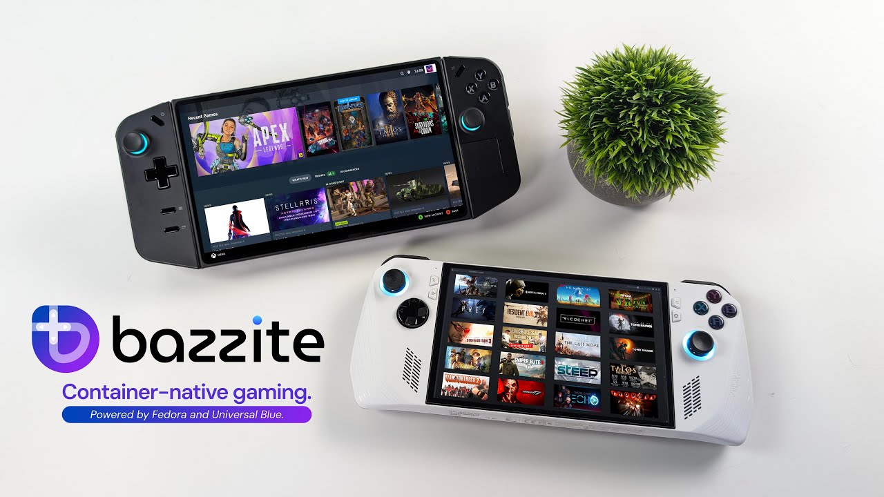 marketing photo of Bazzite running Steam in Big Picture Mode on a PC gaming handheld.