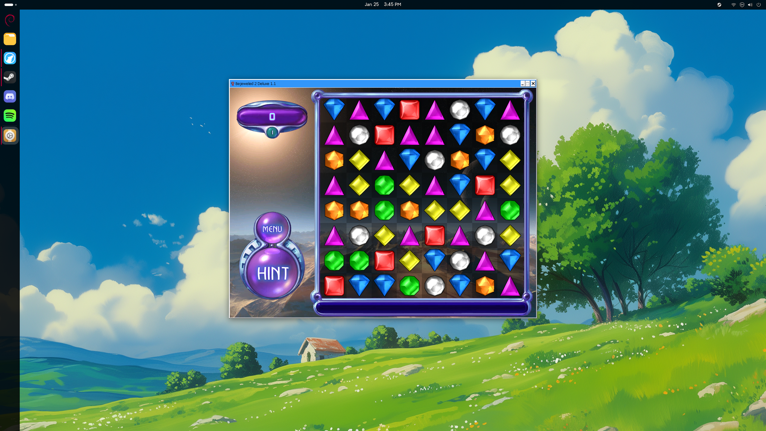 screenshot of GNOME desktop with Bejeweled 2 Deluxe running in a window
