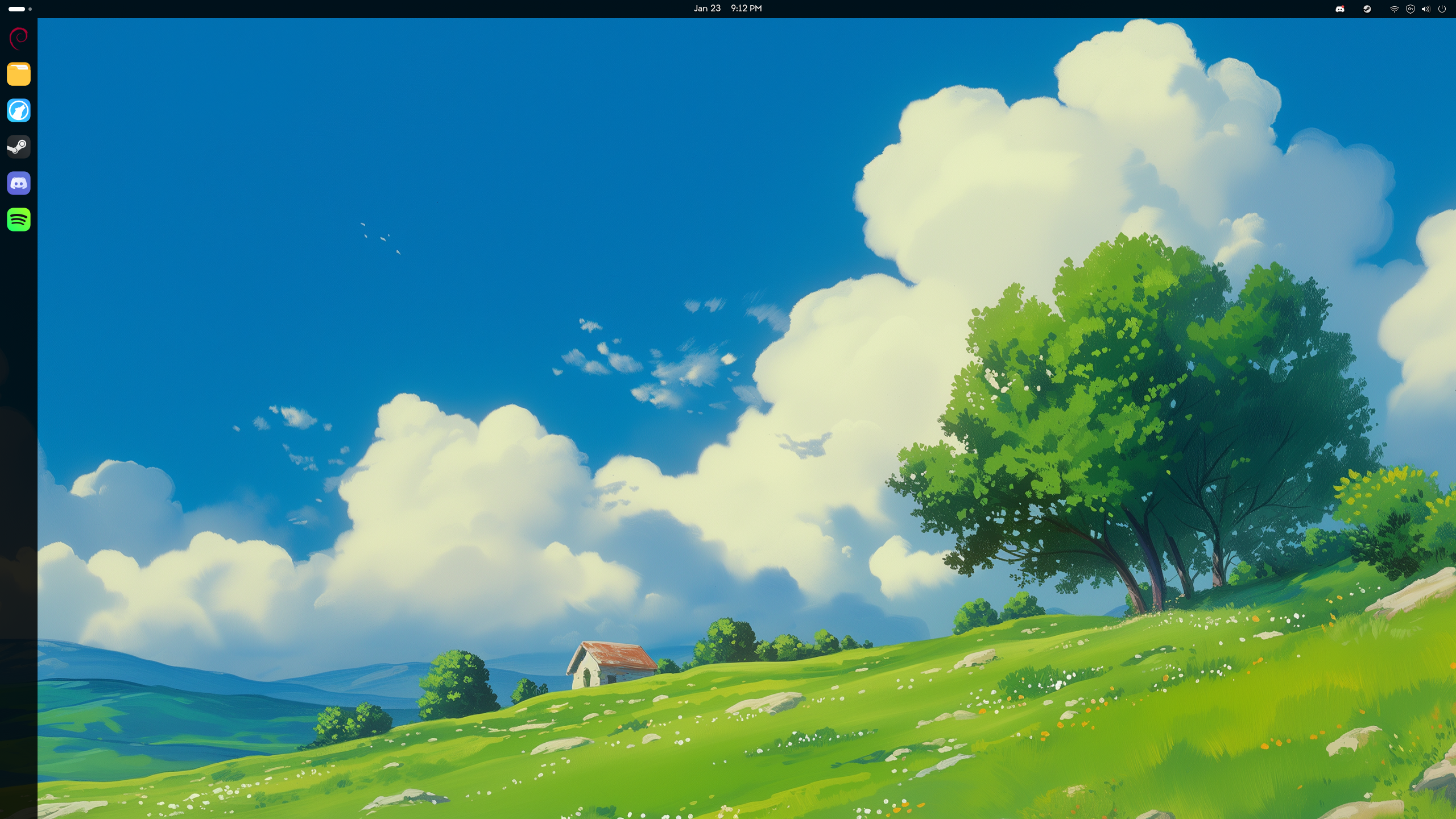 customized GNOME desktop. Apps are nested along the left edge of the screen with a custom icon set, and the default applications menu has been replaced with the Debian spiral. Wallpaper is a painting of a green hill with trees and a house on it.