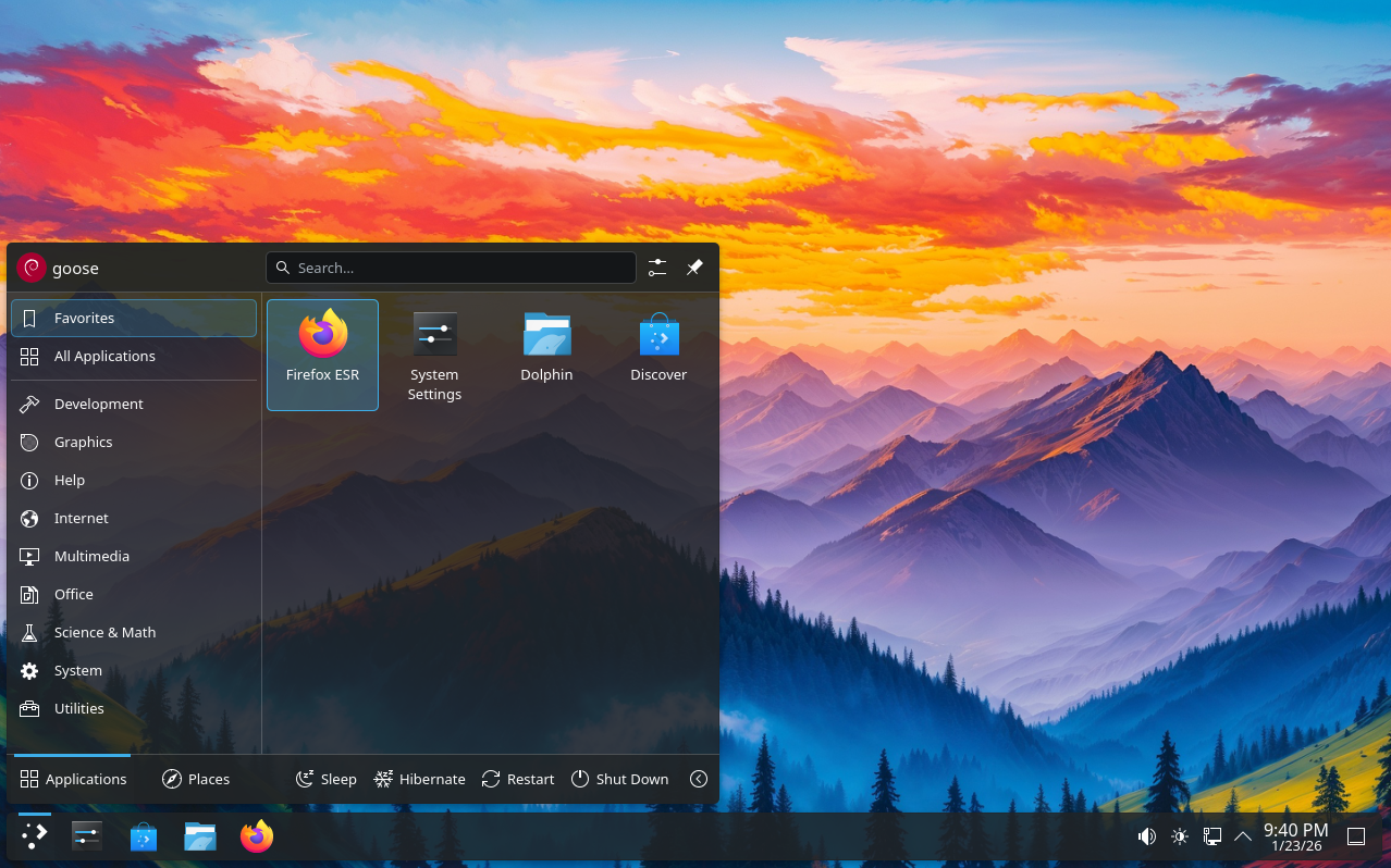 screenshot of KDE Plasma desktop with app menu open