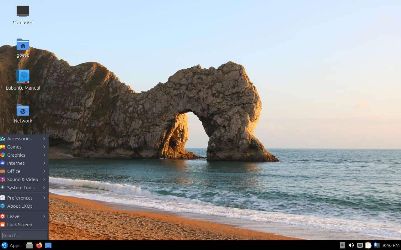 screenshot of lxqt desktop on lubuntu with app menu open