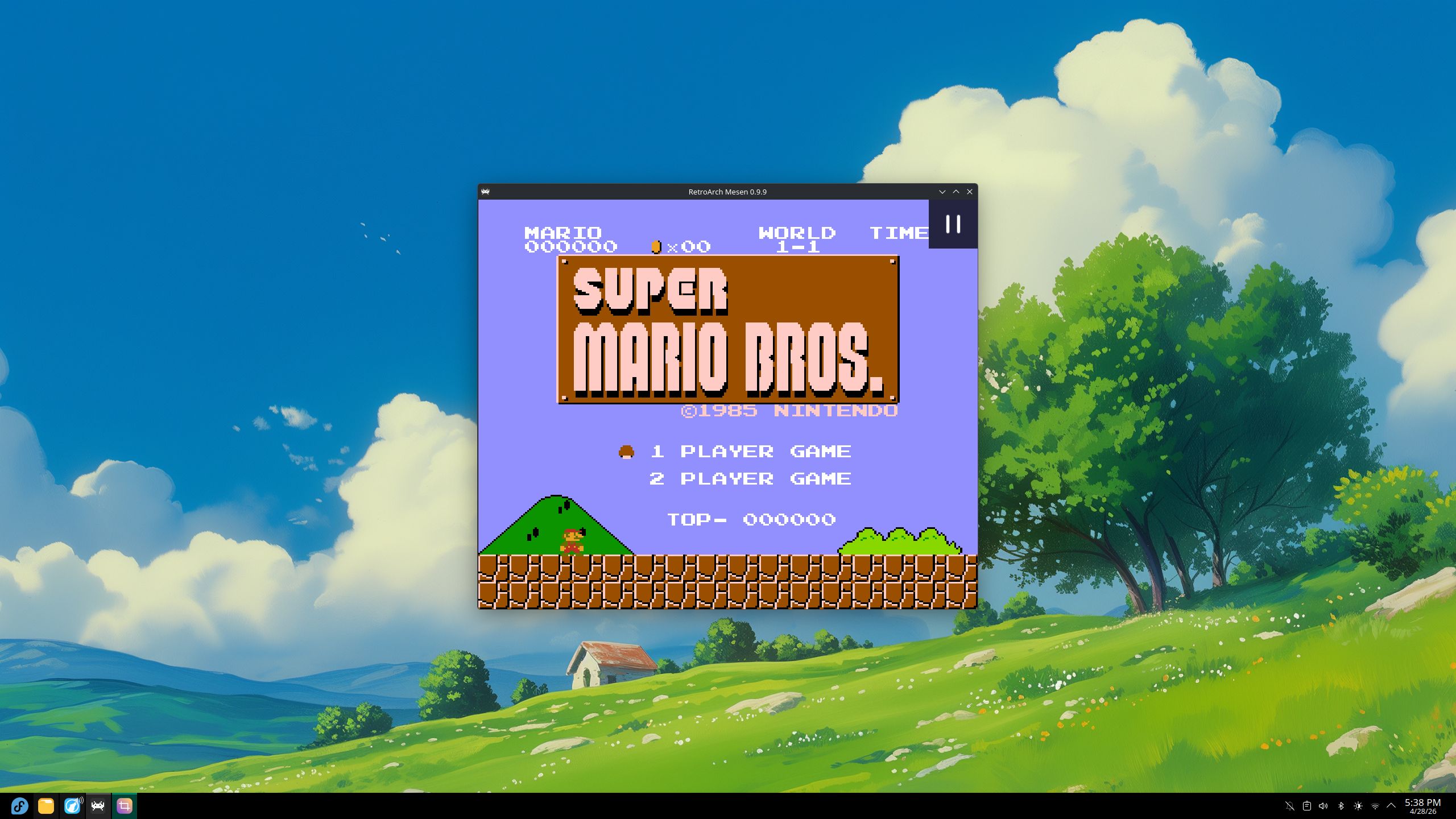 screenshot of Fedora KDE desktop. Window open at center of screen that contains Super Mario Brothers 1 on the Nintendo Entertainment System playing via RetroArch
