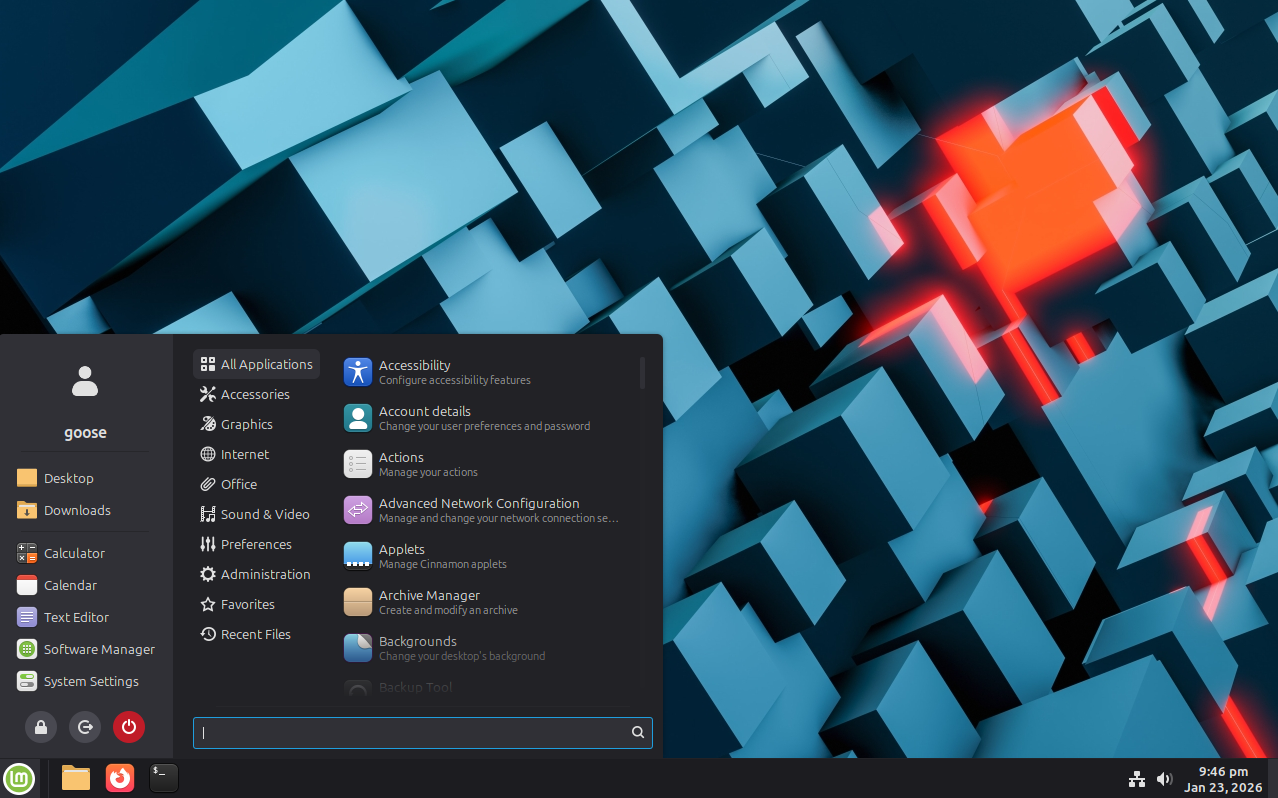 screenshot of Cinnamon desktop with app menu open