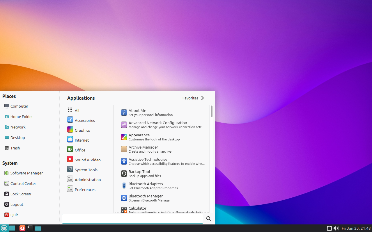 screenshot of Cosmic desktop with app menu open