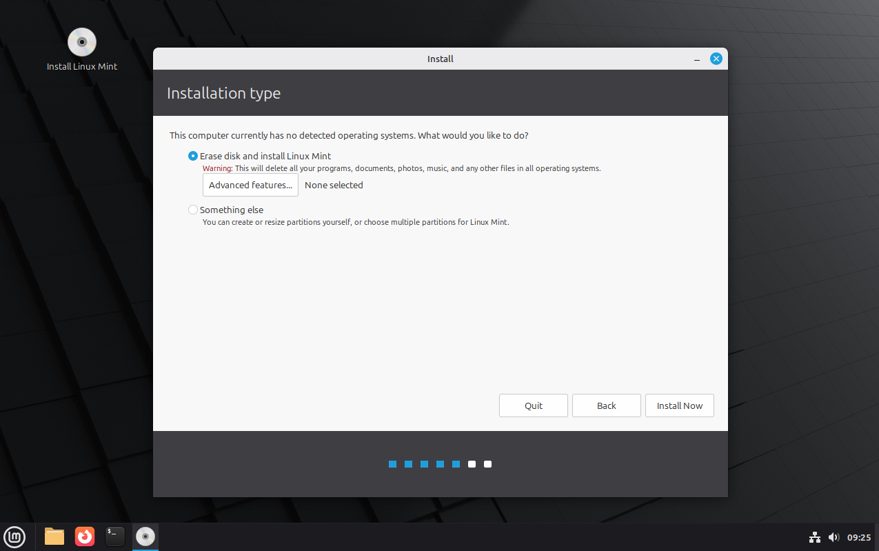 screenshot of Linux Mint LiveCD session with installation menu open. It presents user with options to format disk and install new OS.