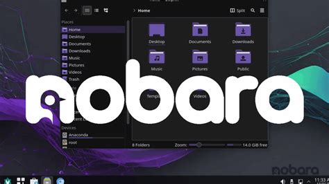 screenshot of KDE desktop with Nobara Linux logo superimposed over it