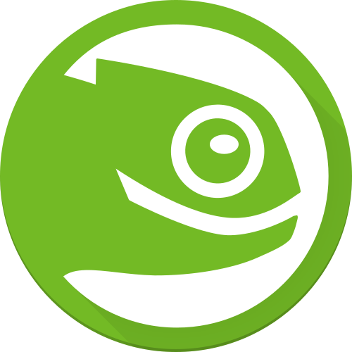 opensuse round icon. features a circular border with a silly chamelon's face smiling at center.