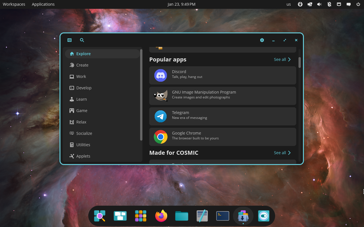 screenshot of Cosmic desktop with software center open