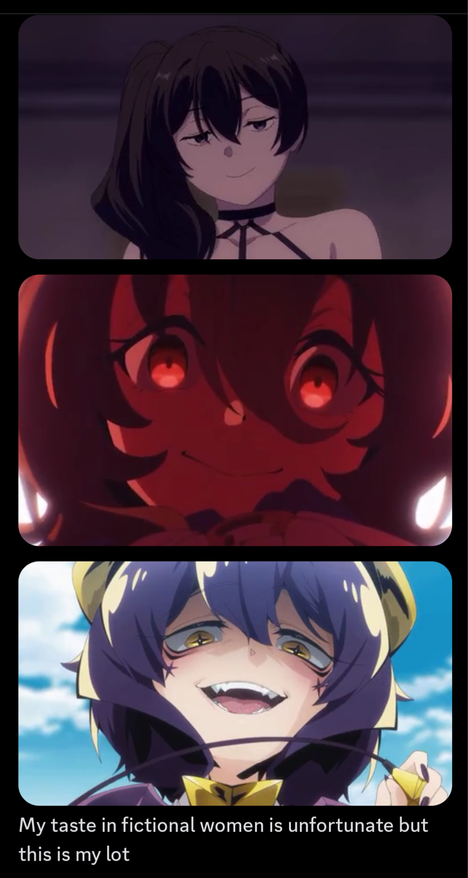 screenshot of discord conversation. Three images in sequence featuring Ubel from Frieren Beyond Journey's End, Agnes Tachyon, and Utena Hiiragi from Gushing over Magical Girls. Text below reads My taste in fictional women is unfortunate but this is my lot