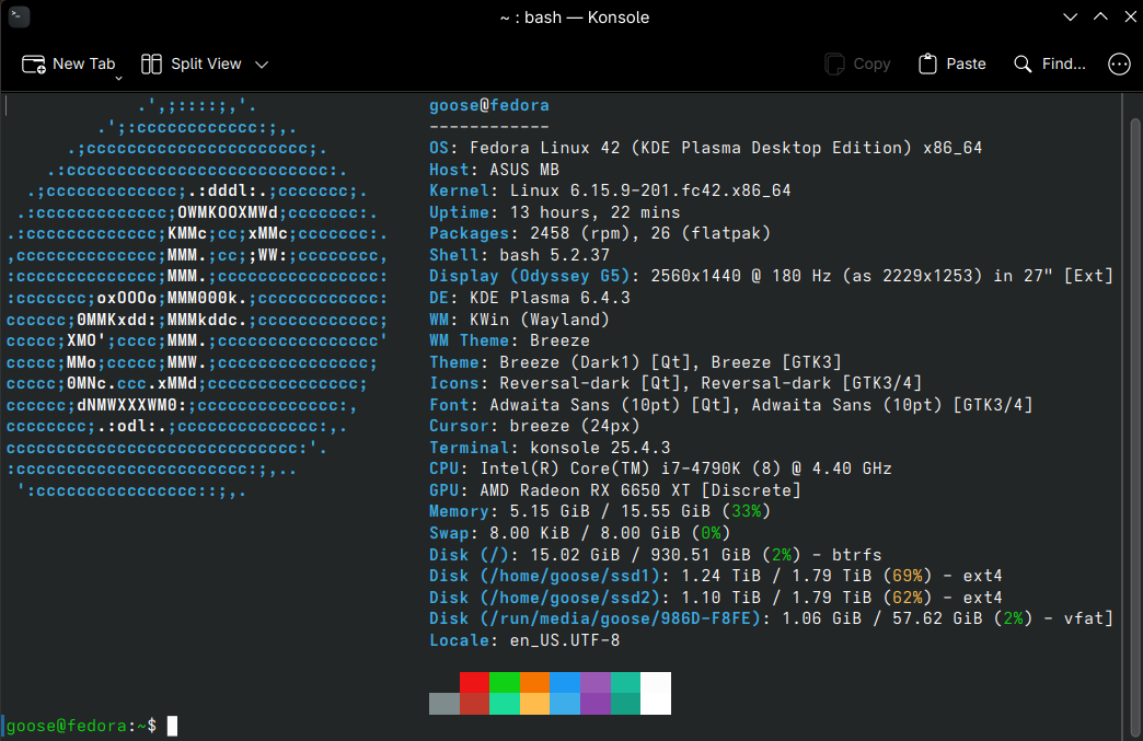 screenshot of a Fedora Linux command line app displaying computer specifications