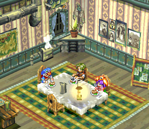 animated gif from game, featuring characters sharing a meal at a dinner table