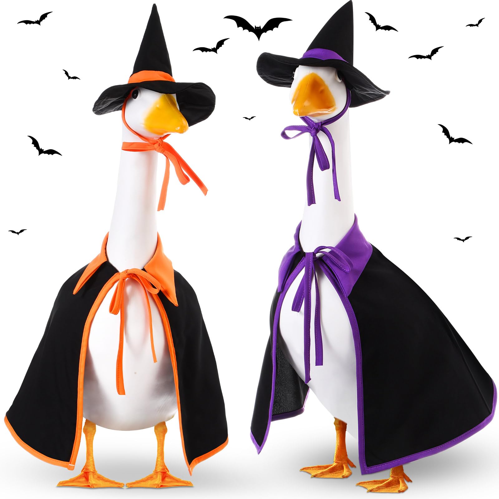 marketing stock photo of plastic porch geese in witch costumes.