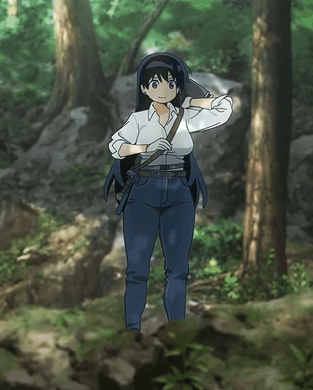 animation of Nagi, carrying a hammer on her back. She pulls the strap and removes it from her back, twirls it in her hand, and shifts her weight from one foot to another, talking as she does so.