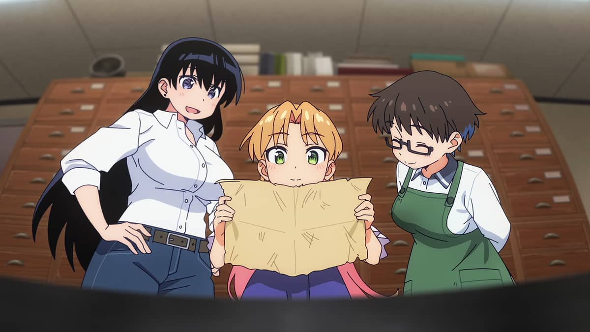 image of Ruri, Nagi and Youko looking over a map together in their labaratory, with large wooden shelving in the background.