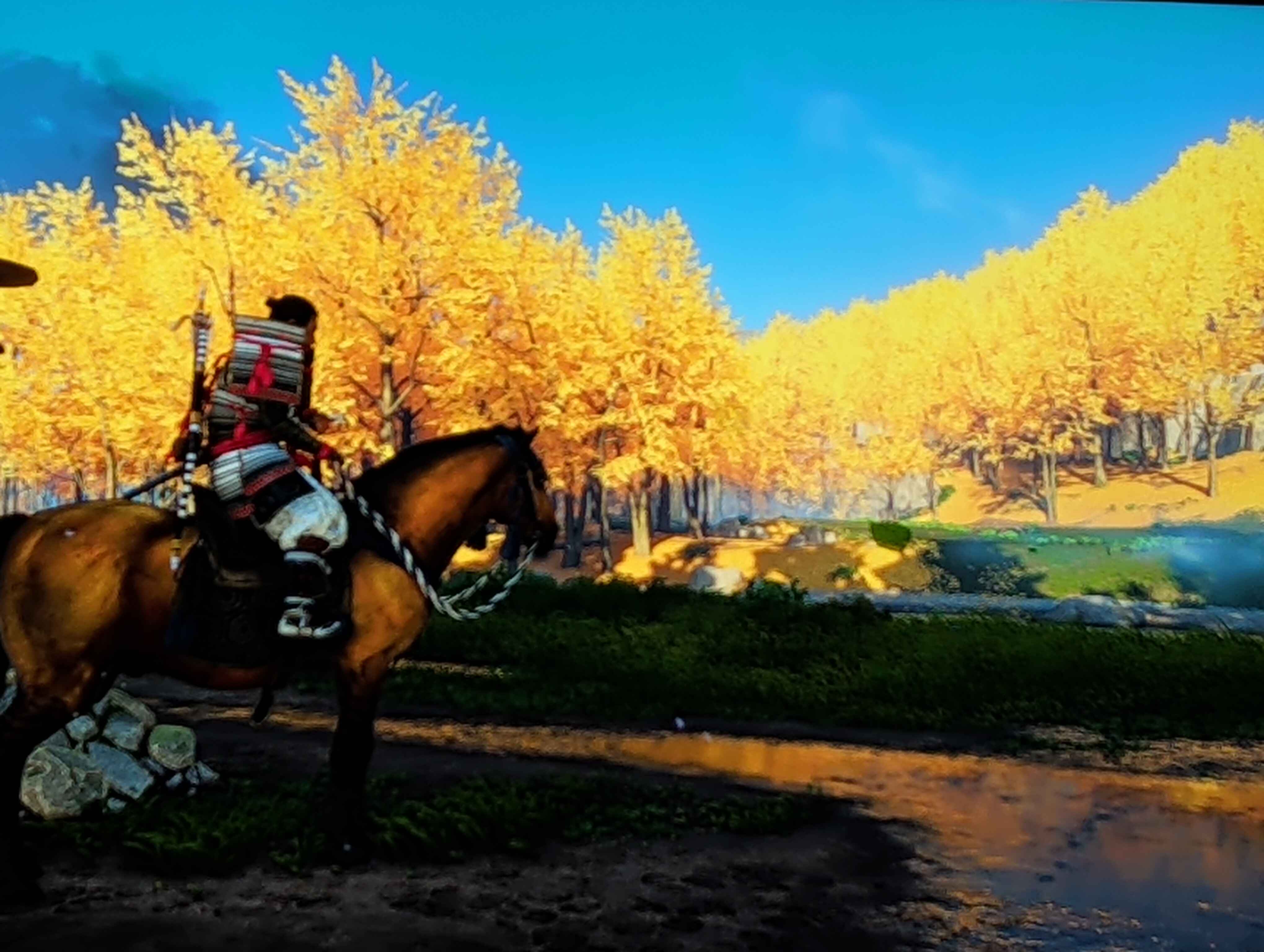 screenshot from game, with Jin sitting on his horse with fall foliage in background.