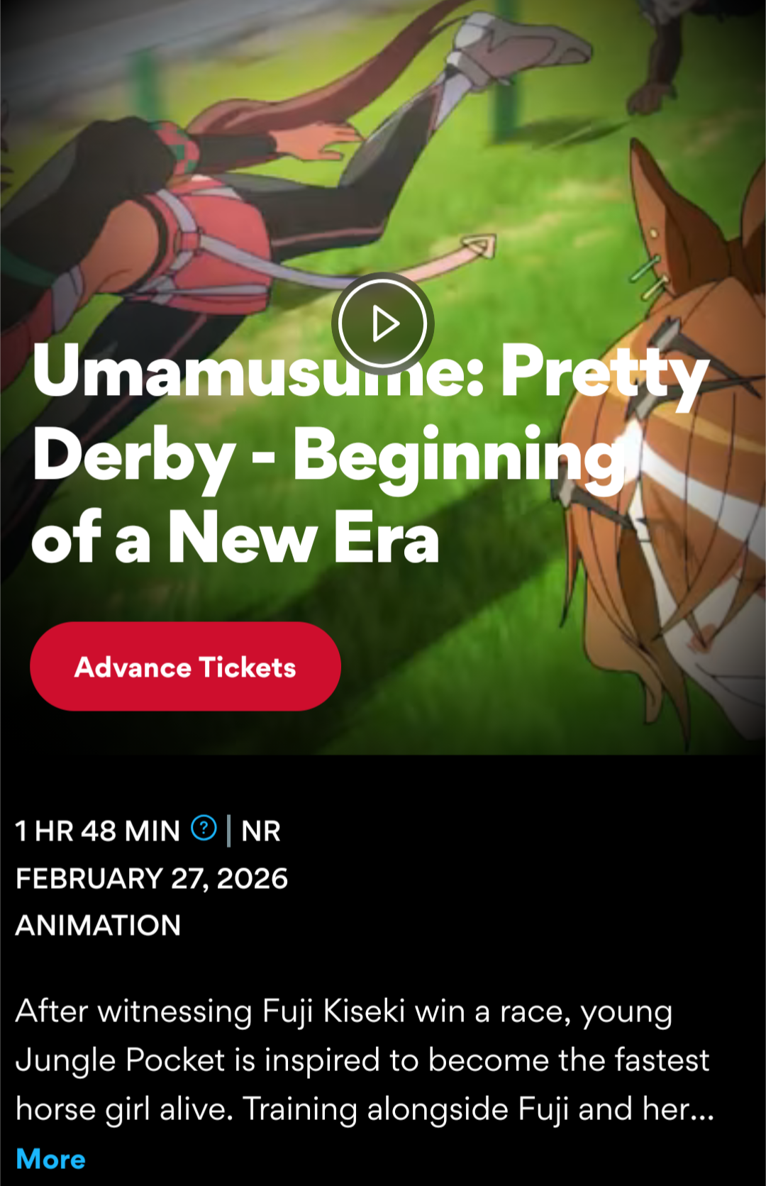 screenshot of umamusume movie announcement on AMC website, with partial text of show synopsis that extends below the cut