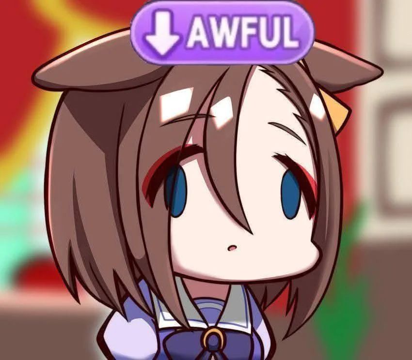 chibi illustration of Air Groove looking despondant, with a Mood Down, Awful tag over her head
