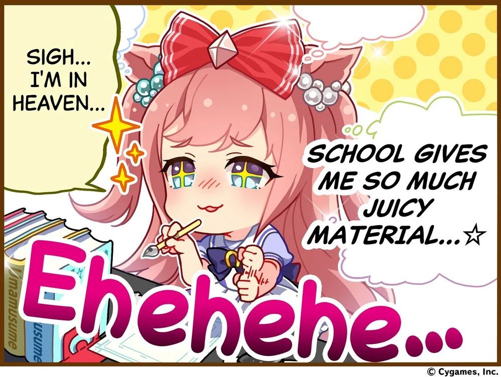 comic illustration from game loading screen, featuring Agnes Digital looking dreamily while sitting, writing at a desk. Text bubbles read Sigh, I'm in heaven, school gives me such juicy material.