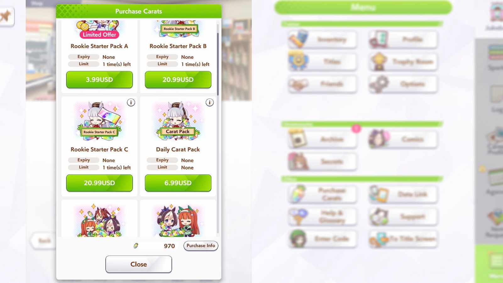 screenshot of game's cash shop