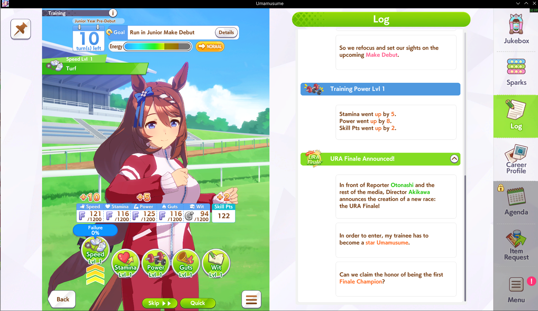 screenshop of game's career training interface