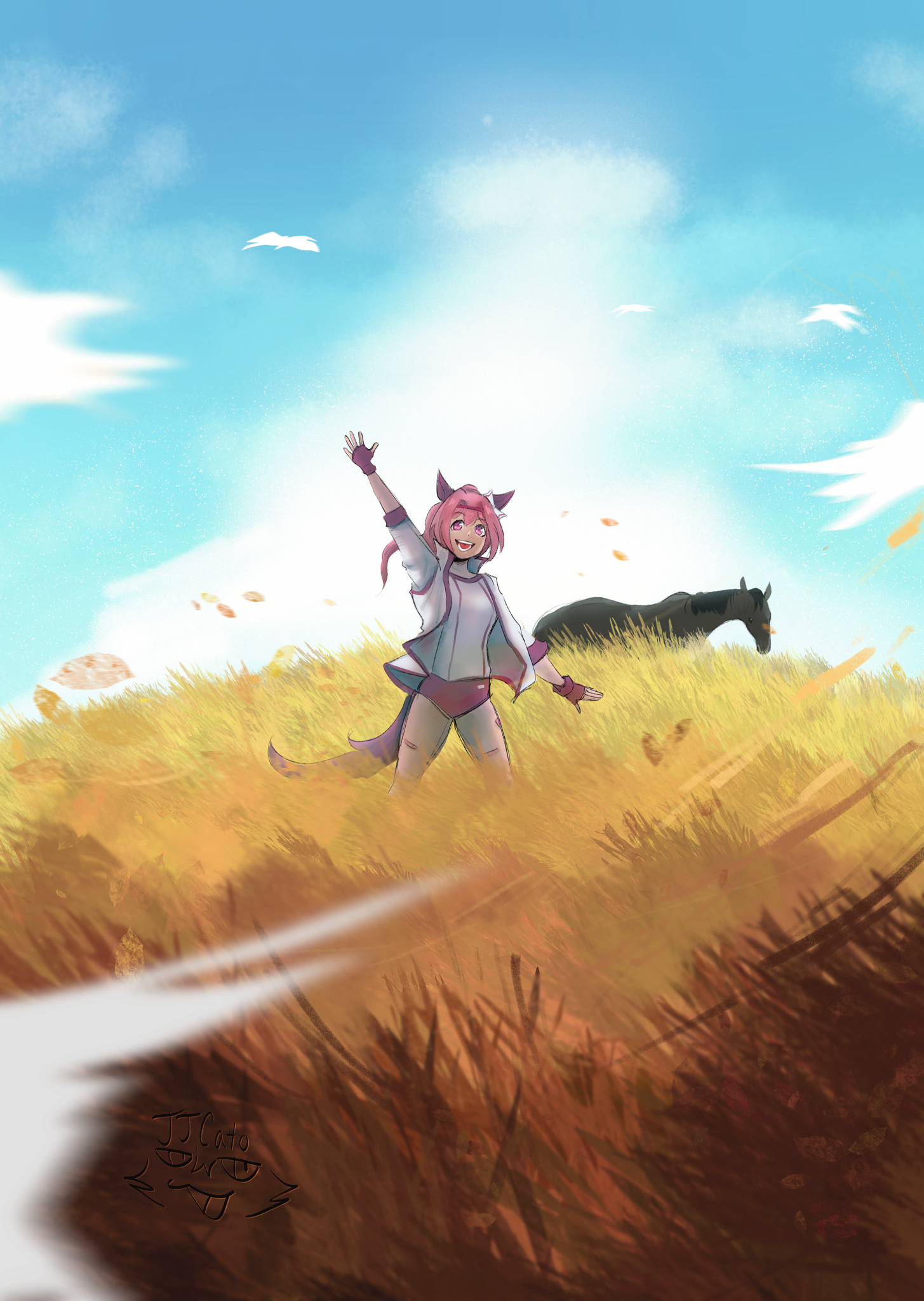 tribute art of Haru Urara, showing the uma character waiving toward the viewer, standing in tall yellow grass, with her real life horse equivalent facing away in the background. Courtesy of J J catos on Tumblr.