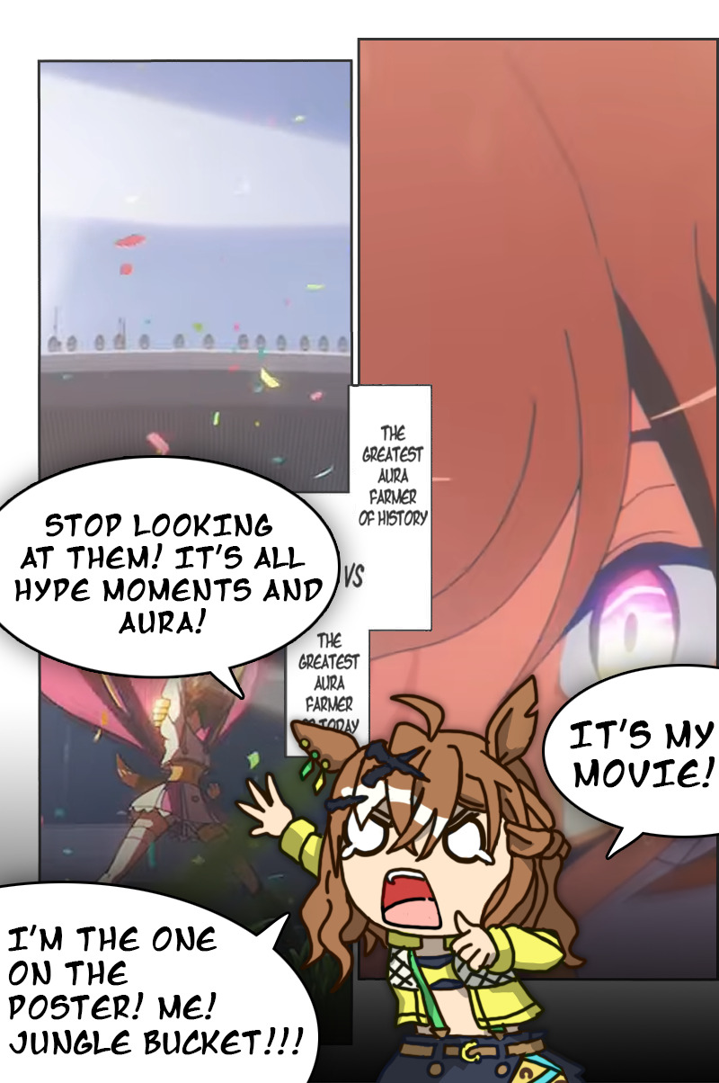 comedic webcomic made from screenshots from movie, with rough illustration of Jungle Pocket pleading to the viewer, saying stop looking at them, it's all hype moments and Aura! It's my movie! I'm the one on the poster! Me! Jungle Bucket!