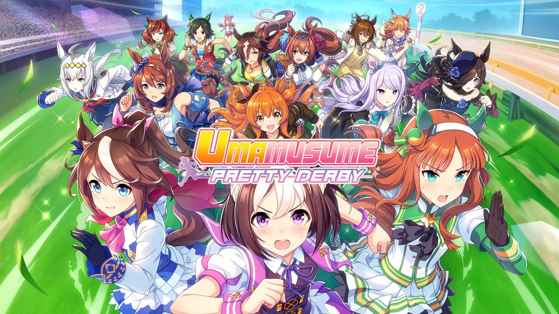 cover art for the Umamusume Pretty Derby game. Features a collage of characters from the show facing forward, racing each other towards the viewer.