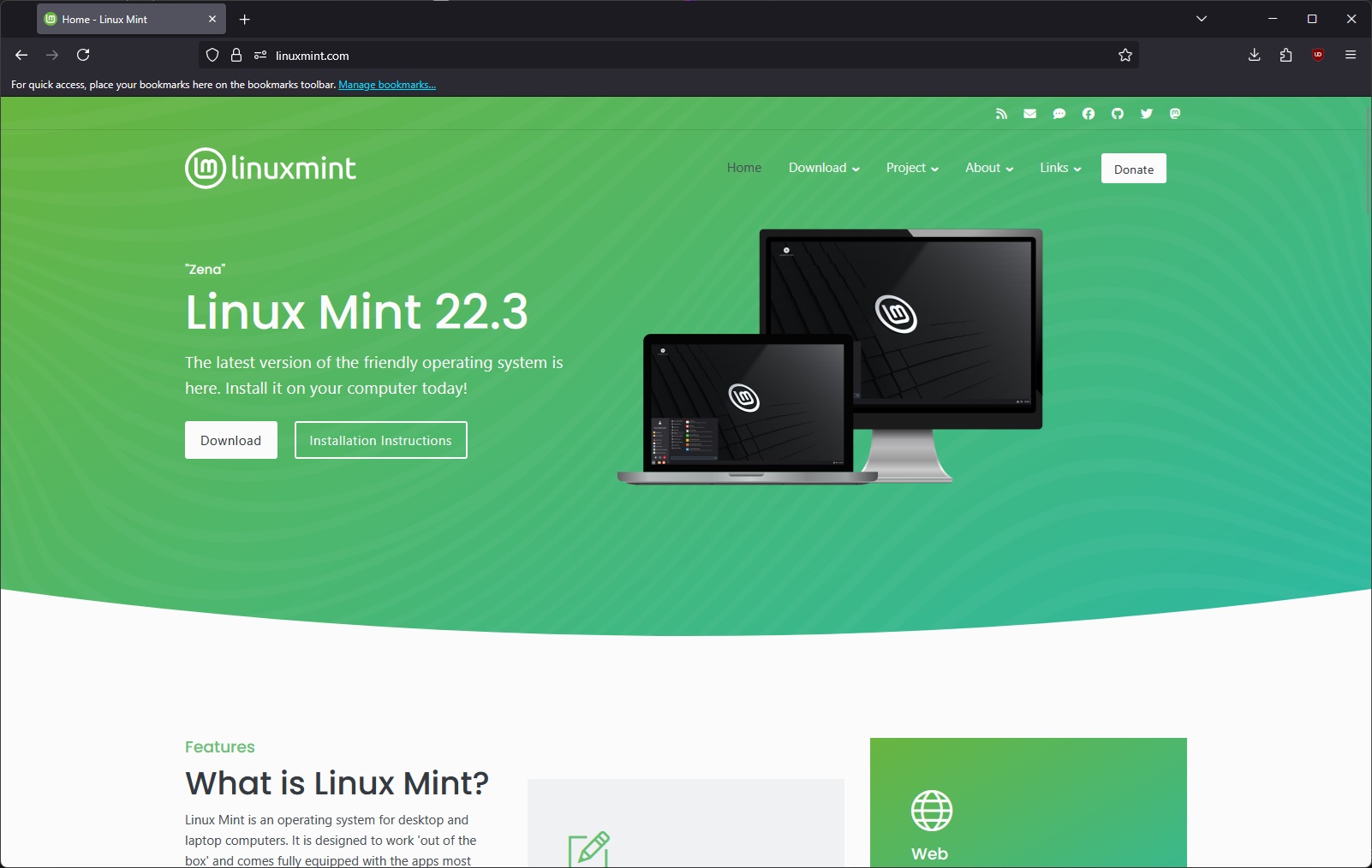 screenshot of homepage of Linux Mint website, illustrating how to download ISO.