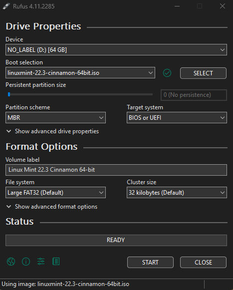 screenshot of rufus program open, showing the options selected to write Linux Mint to a USB.