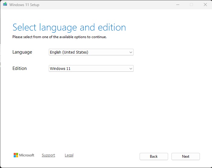 screenshot of windows media creation tool runnimg, with language and OS options in dropdown menus.